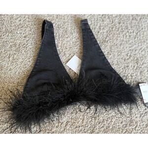 New Forever 21 Feather Trim Bralette Denim Top Washed Black‎ Sexy Party S